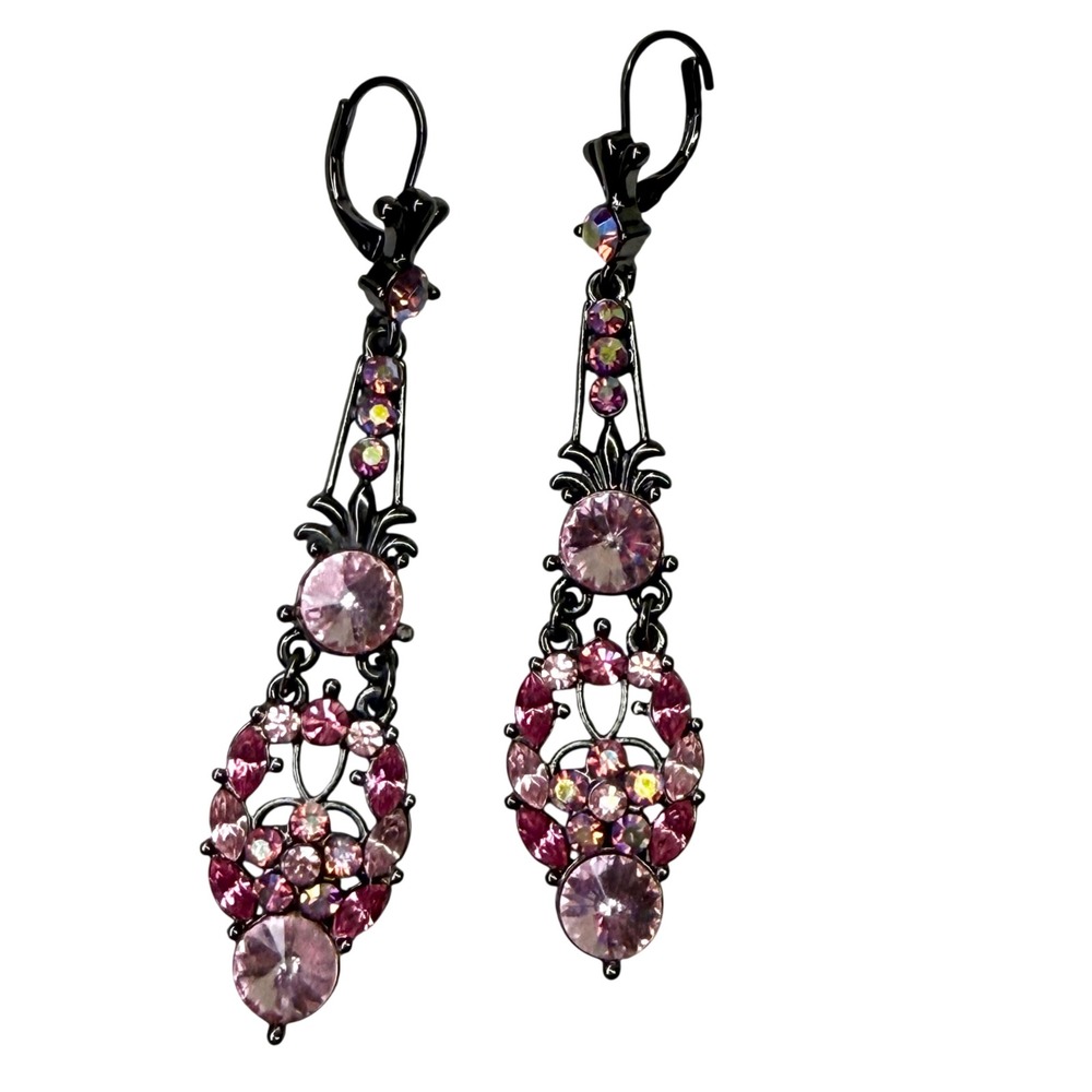 Express Pink Rhinestone Gunmetal Chandelier Drop Earrings Lever Back